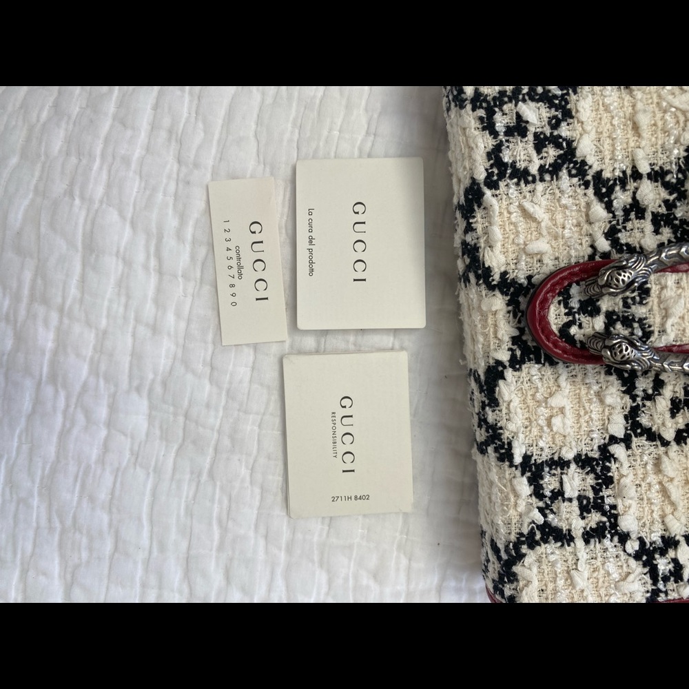 GUCCI Tweed GG Monogram Dionysus Shoulder Bag White Black Romantic Cherry - Picture 8 of 8